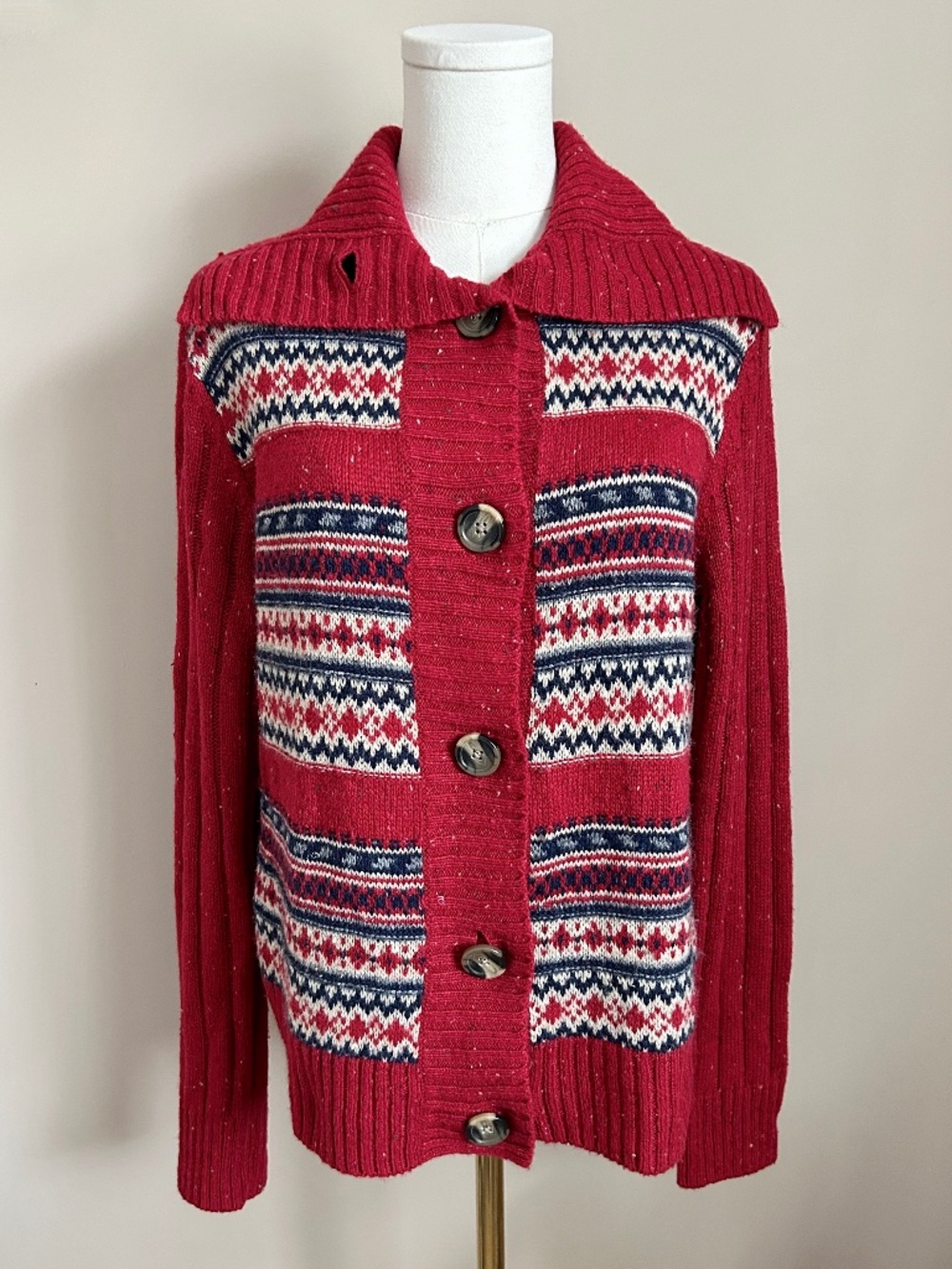 G.H. Bass Red Fair Isle Knit Shawl Collar Cardigan Sweater Large